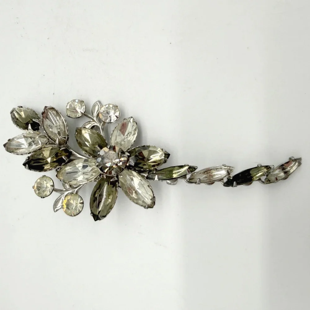 Vintage Smoky Gray Clear Rhinestone Flower Spray Brooch